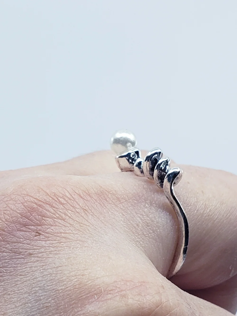 Silver Dainty Pearl Curly Cork Screw Ring Sz 6.5
